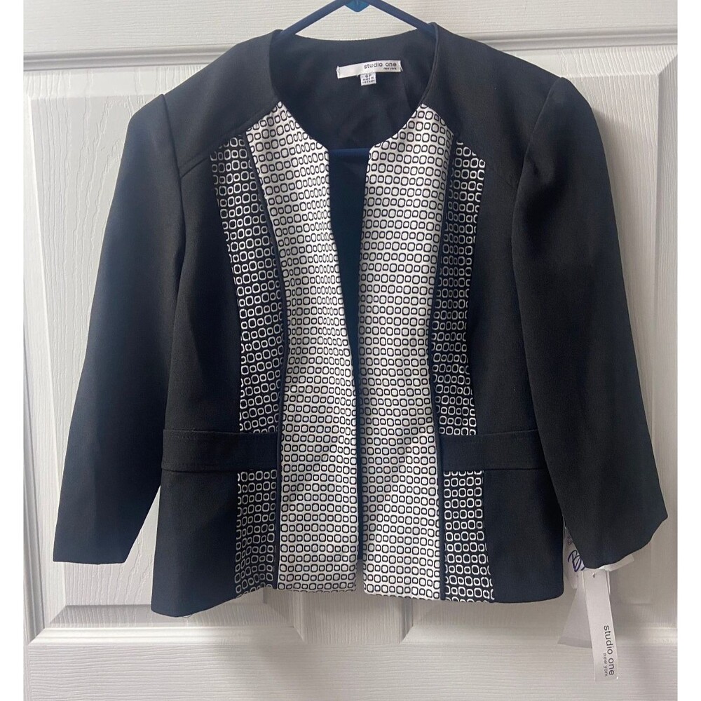 Studio One New York Petite Blazer 6P Black White Open Front Career Office NWT
